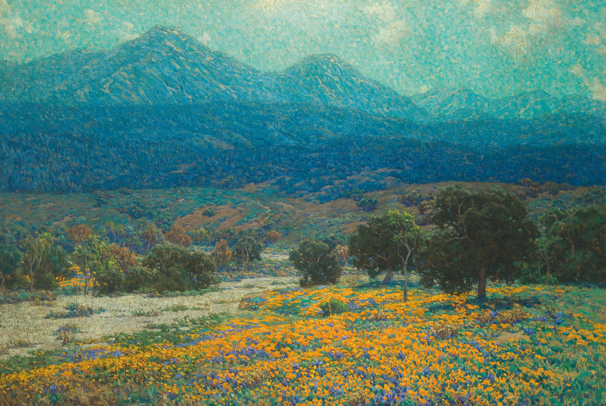 Stylized landscape image with California poppies and mountains